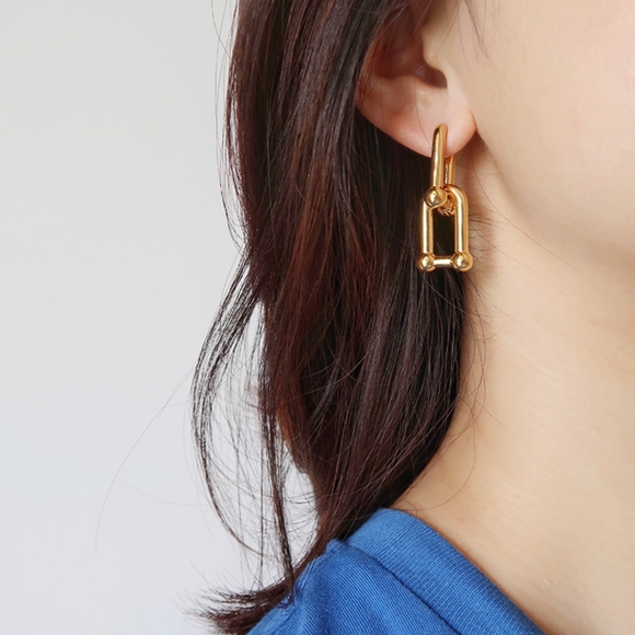 Thick Link U Shape Geometric Earrings - Picture 6 of 8